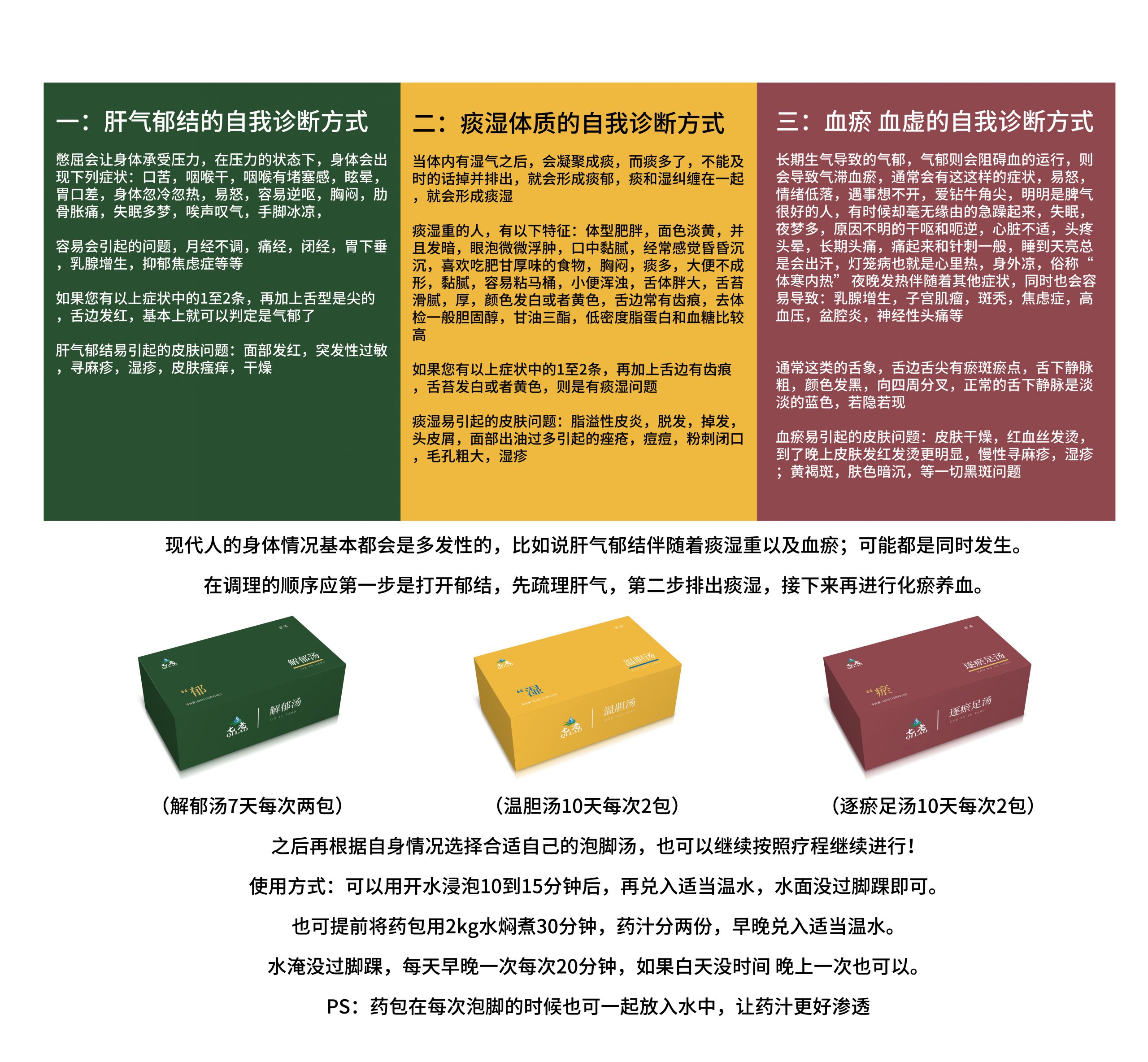 七老内调养生泡脚包（解郁汤、温胆汤、血府逐淤汤）调理肤质的同时调理身体体质